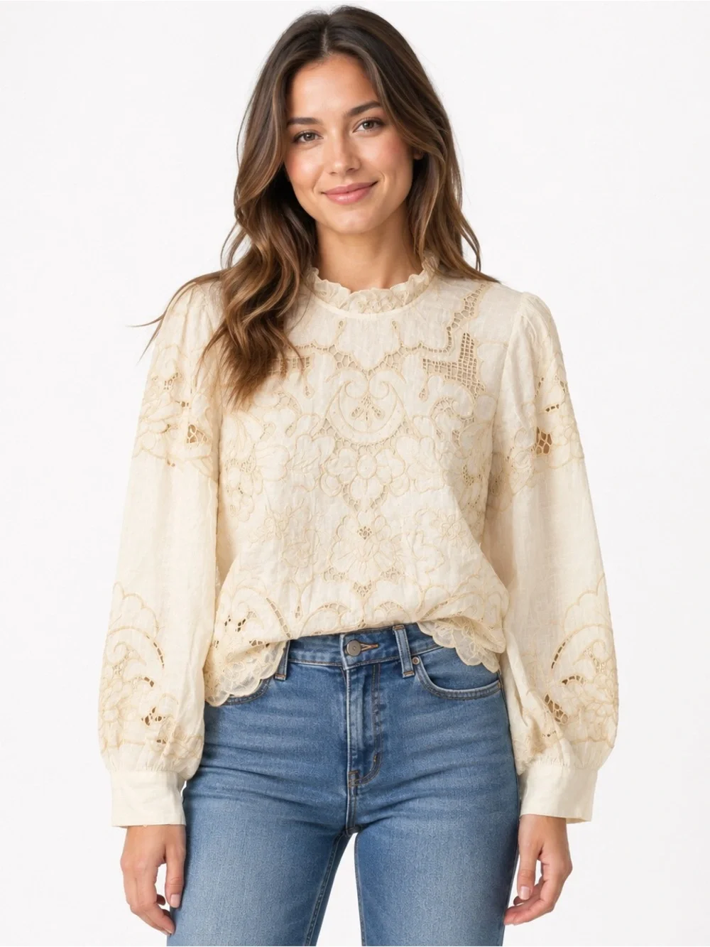 Anthropologie MP Ivory Linen Blend Embroidered Lace Blous